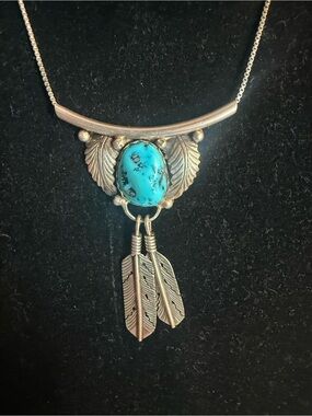 Sterling Silver Turquoise Pendant Necklace - marked SS and turquoise stone